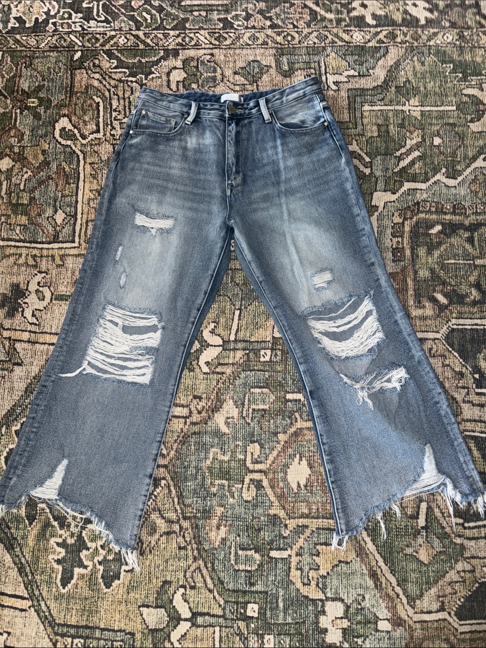 Ripped Wide Leg Jeans in Medium Blue - Distressed Casual Style